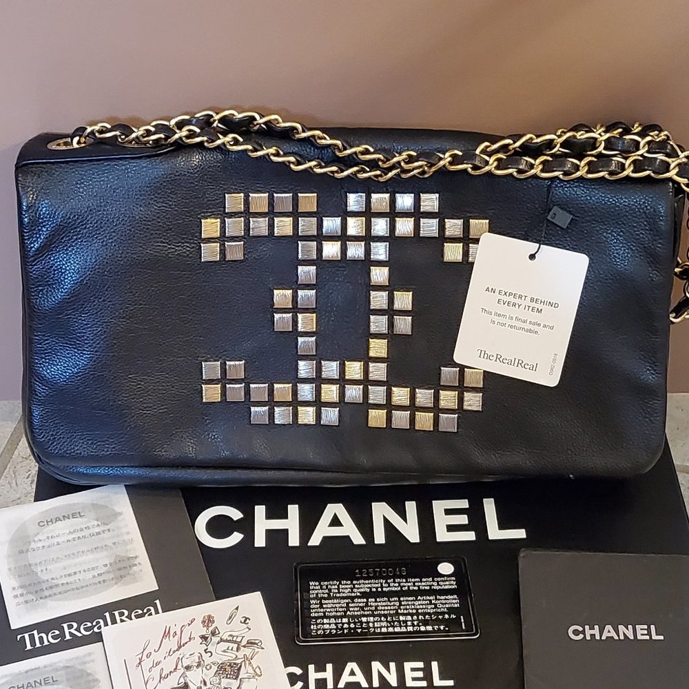 CHANEL Mosaic Logo LambSkin Leather Chain Flap Bag
